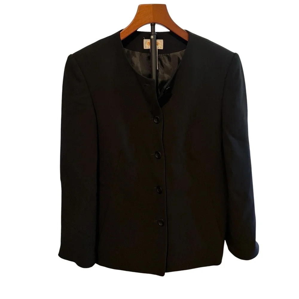 Talbots Petites Black Collarless Blazer Button Front Jacket Size 6P Professional